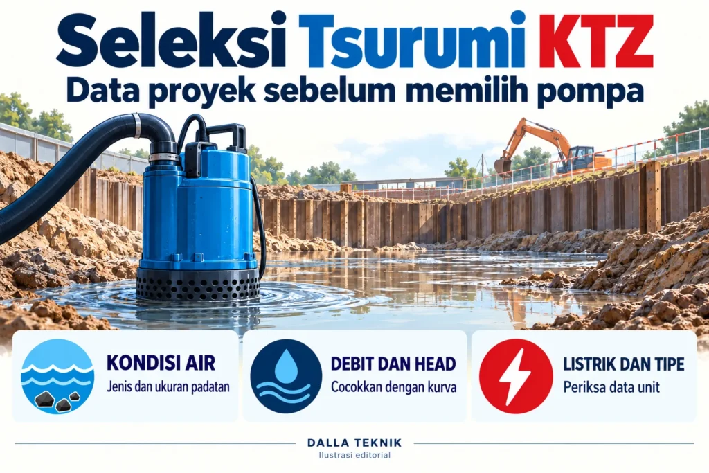 Infografis data seleksi Tsurumi KTZ meliputi kondisi air, debit dan head, serta listrik dan tipe unit, dengan ilustrasi pompa drainase di proyek.