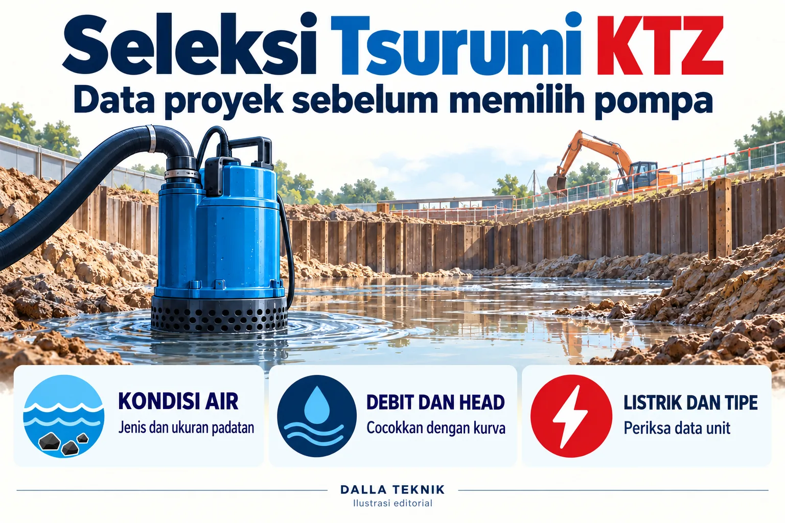 Infografis data seleksi Tsurumi KTZ meliputi kondisi air, debit dan head, serta listrik dan tipe unit, dengan ilustrasi pompa drainase di proyek.